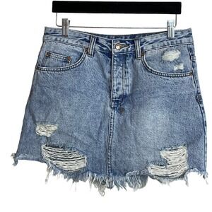Ksubi Denim Mini Skirt Grunge Streetwear 28 Light Wash Distressed Ripped Raw Hem